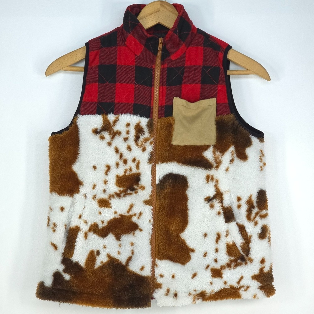 Western Buffalo Plaid Cow Print Vest Women Small Patchwork Ranch Cowgirl Outdoor